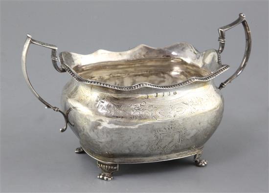 A George III Irish silver two handled sugar bowl by Richard Sawyer, 8.5 oz.